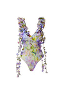Traje de baño estilo hada con apliques florales y lazo