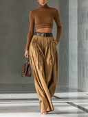 Conjunto feminino de top castanho misto e calças largas