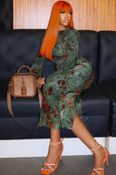 Waldblatt Batik Slim Midi Kleid