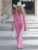 Modischer, personalisierter rosa Jeans-Jumpsuit mit Revers, schulterfrei, langen Ärmeln und ausgestelltem Bein