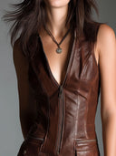 Vestido mini de cuero ecológico marrón chocolate con cremallera frontal y bolsillos utilitarios