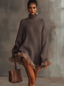 Robe-pull col roulé marron à ourlet volanté