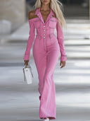 Modischer, personalisierter rosa Jeans-Jumpsuit mit Revers, schulterfrei, langen Ärmeln und ausgestelltem Bein