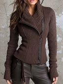 Veste marron asymétrique en maille côtelée avec fermeture éclair