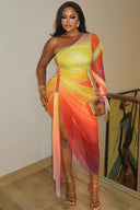 Midi-Kleid aus Mesh mit Sunset-Ombré, One-Shoulder und Raffungen
