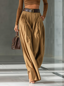 Conjunto feminino de top castanho misto e calças largas