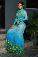 Vestido maxi sereia com estampado subaquático