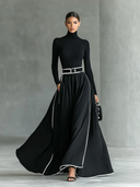 Vestido Maxi Justo de Manga Comprida com Gola Alta, Costura Preta e Acabamento Branco para Mulher
