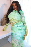 Vestido maxi psicodélico de manga larga con abertura y diseño de menta