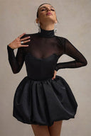 Vinter Elegant Mesh Gennemsigtig Slim Fit Puff Mini Kjole