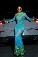 Vestido maxi sereia com estampado subaquático