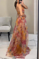 Rochie maxi în linie A cu imprimeu floral pictat și decolteu în V