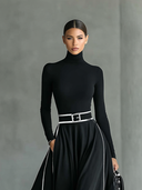 Vestido Maxi Justo de Manga Comprida com Gola Alta, Costura Preta e Acabamento Branco para Mulher