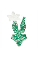 Traje de baño de una pieza verde con estampado y apliques florales