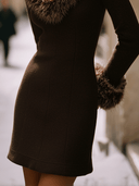 Vestido corto de punto con cuello y puños de piel sintética chocolate elegante