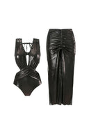 Black Sequin Appliqué Cutout Glossy Swimsuit