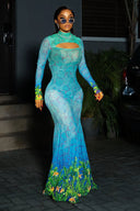 Vestido maxi sereia com estampado subaquático