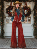 Western-Retro-Overalls mit V-Ausschnitt, Reißverschluss, rotem Kunstwildleder, weitem Bein und Quasten