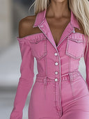 Modischer, personalisierter rosa Jeans-Jumpsuit mit Revers, schulterfrei, langen Ärmeln und ausgestelltem Bein
