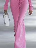 Modischer, personalisierter rosa Jeans-Jumpsuit mit Revers, schulterfrei, langen Ärmeln und ausgestelltem Bein