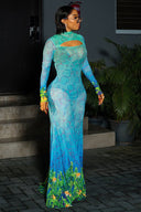 Vestido maxi sereia com estampado subaquático