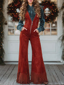 Western-Retro-Overalls mit V-Ausschnitt, Reißverschluss, rotem Kunstwildleder, weitem Bein und Quasten