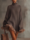 Robe-pull col roulé marron à ourlet volanté