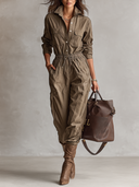 Damen-Lässiger Jumpsuit mit Hemdkragen, Knöpfen und Kordelzug