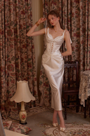 Φόρεμα Midi Delphina Satin με Δέσιμο και Ραβδώσεις από Δαντέλα