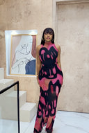 Robe longue en maille à imprimé abstrait et effet dramatique