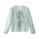 Blusa corta verde a righe con maniche a sbuffo, peplo e fiocco