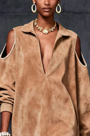 Rochie mini cu umeri decupați din piele întoarsă sintetică camel