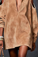 Rochie mini cu umeri decupați din piele întoarsă sintetică camel