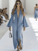 Lässiger Retro-Jumpsuit aus hellblauem Jeansstoff mit ausgestelltem Bein, langen Ärmeln und rohem Saum