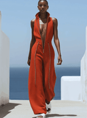 Lässiger Retro-Jumpsuit aus rotem Baumwoll-Leinen mit Reißverschluss, ärmellos, elastischer Taille und weitem Bein