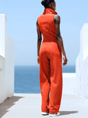 Lässiger Retro-Jumpsuit aus rotem Baumwoll-Leinen mit Reißverschluss, ärmellos, elastischer Taille und weitem Bein