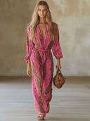 Lässiger weiter Jumpsuit aus rotem Chiffon mit Leopardenmuster und langen Ärmeln