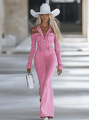 Modischer, personalisierter rosa Jeans-Jumpsuit mit Revers, schulterfrei, langen Ärmeln und ausgestelltem Bein