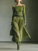 Olivengrøn off-shoulder top & imiteret ruskind nederdel sæt