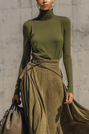 Olive Green Stretch Turtleneck Top And Faux Suede Maxi Skirt Set