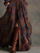 Robe maxi à carreaux marron rougeâtre rétro avec col revers