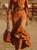 Robe maxi en velours léopard orange à volants rétro