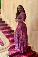 Robe longue à col montant imprimé géométrique