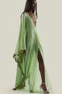 Vestido maxi glamoroso com lantejoulas e decote em V profundo