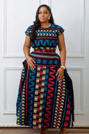Vestido largo peplum con estampado africano multicolor