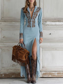 Western Halb-Reißverschluss Besticktes Kunstwildleder Fransen Maxikleid