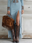 Western Halb-Reißverschluss Besticktes Kunstwildleder Fransen Maxikleid