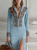Western Halb-Reißverschluss Besticktes Kunstwildleder Fransen Maxikleid