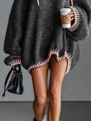 Loose-fitting hooded pink-trimmed knitted mini dress