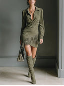 Robe courte portefeuille en suédine vert olive à col en V
